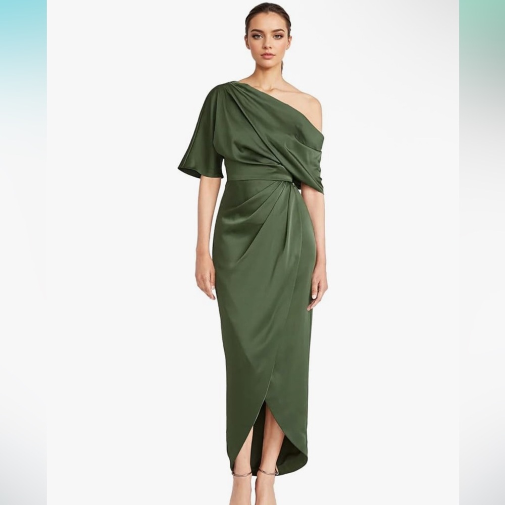 Elegant One Shoulder Satin Olive Green Dress